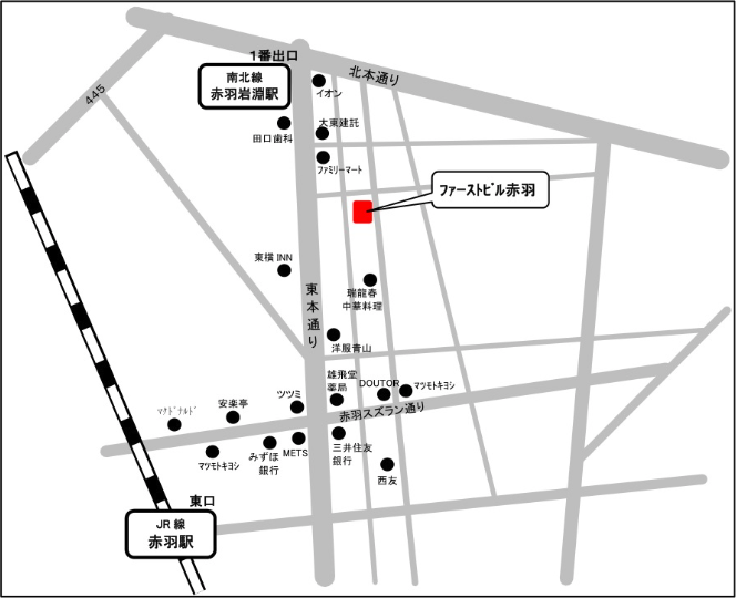 JR赤羽駅・南北線赤羽岩淵駅とファーストビル赤羽周辺の略図